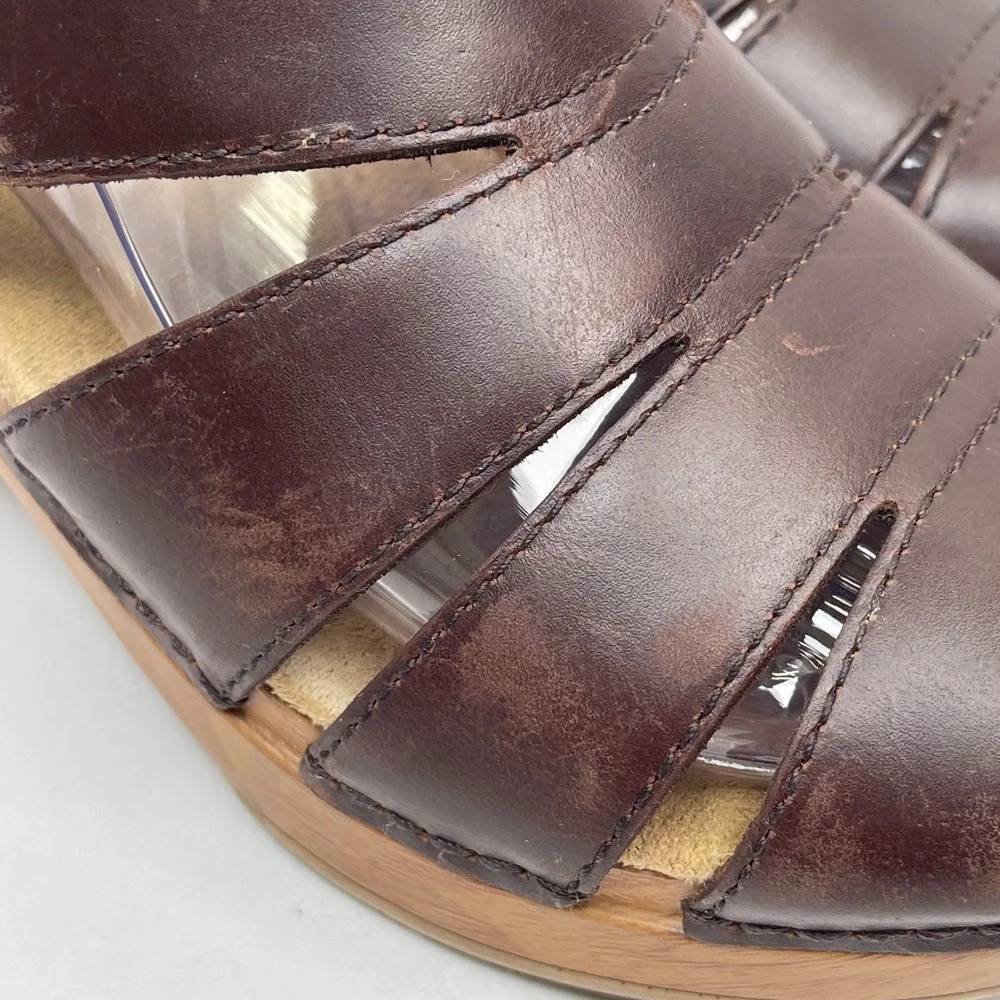 Dansko Fisherman Sandals Womens 38 Brown Leather Strappy Wedge Clog Peep Toe